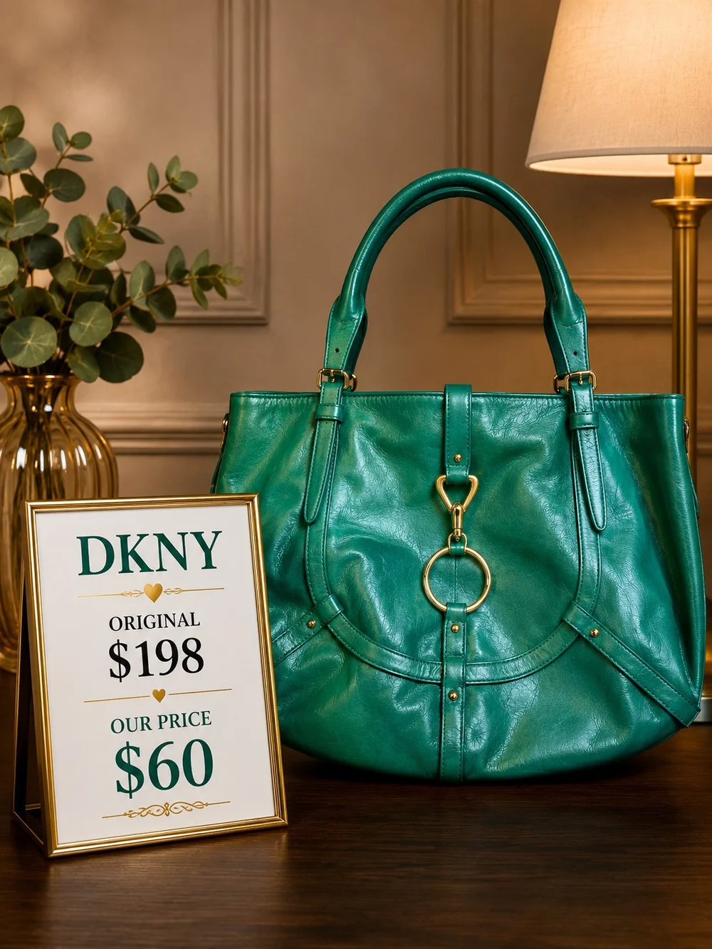 DKNY Green Leather Tote with Gold Ring Hardware